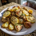 Plated Sheet Pan Lemon Pepper Chicken and Potatoes garnished with fresh lemon slices and parsley.