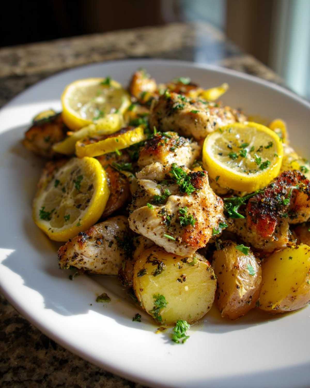 Close-up of Sheet Pan Lemon Pepper Chicken and Potatoes garnished with lemon slices and parsley.
