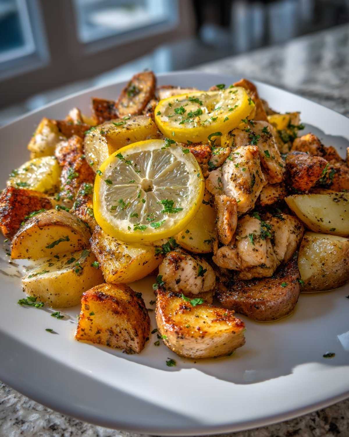 Close-up of Sheet Pan Lemon Pepper Chicken and Potatoes served on a white plate, garnished with fresh lemon slices and parsley.