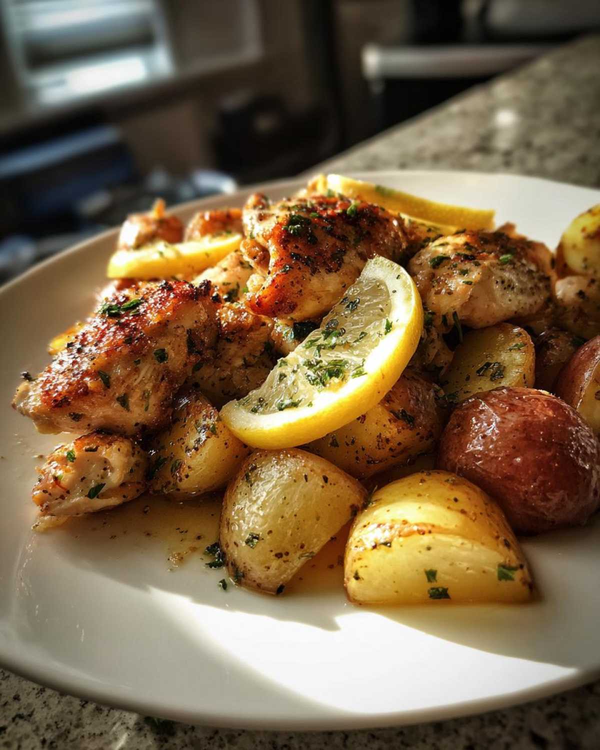 Close-up of Sheet Pan Lemon Pepper Chicken and Potatoes garnished with lemon slices.