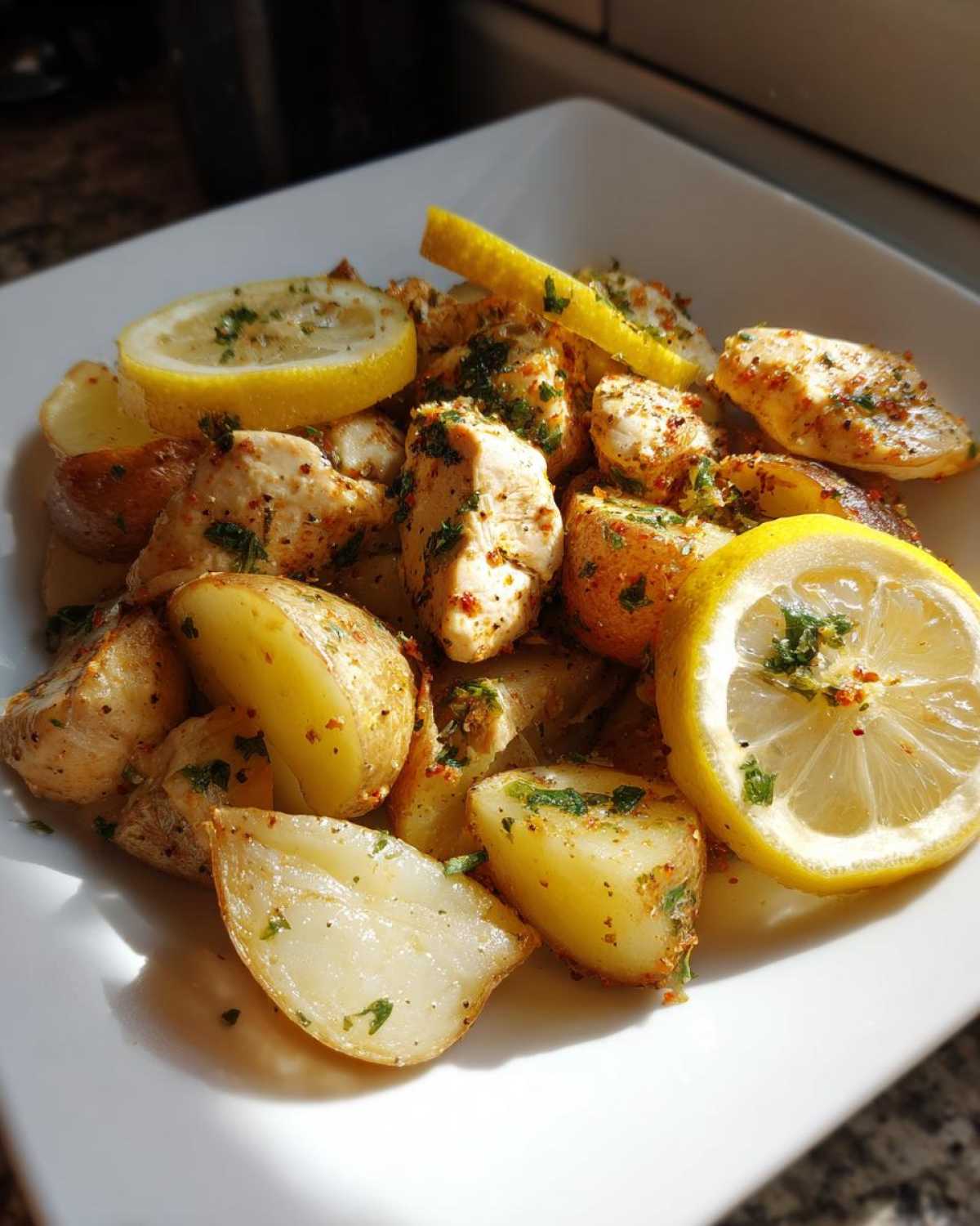 Plated Sheet Pan Lemon Pepper Chicken and Potatoes garnished with fresh lemon slices and parsley.