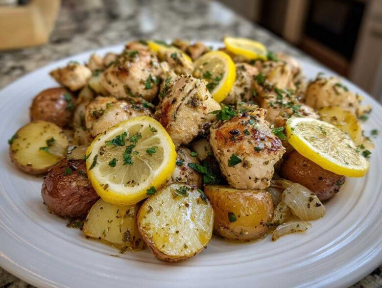 Plated Sheet Pan Lemon Pepper Chicken and Potatoes garnished with fresh lemon slices and parsley.