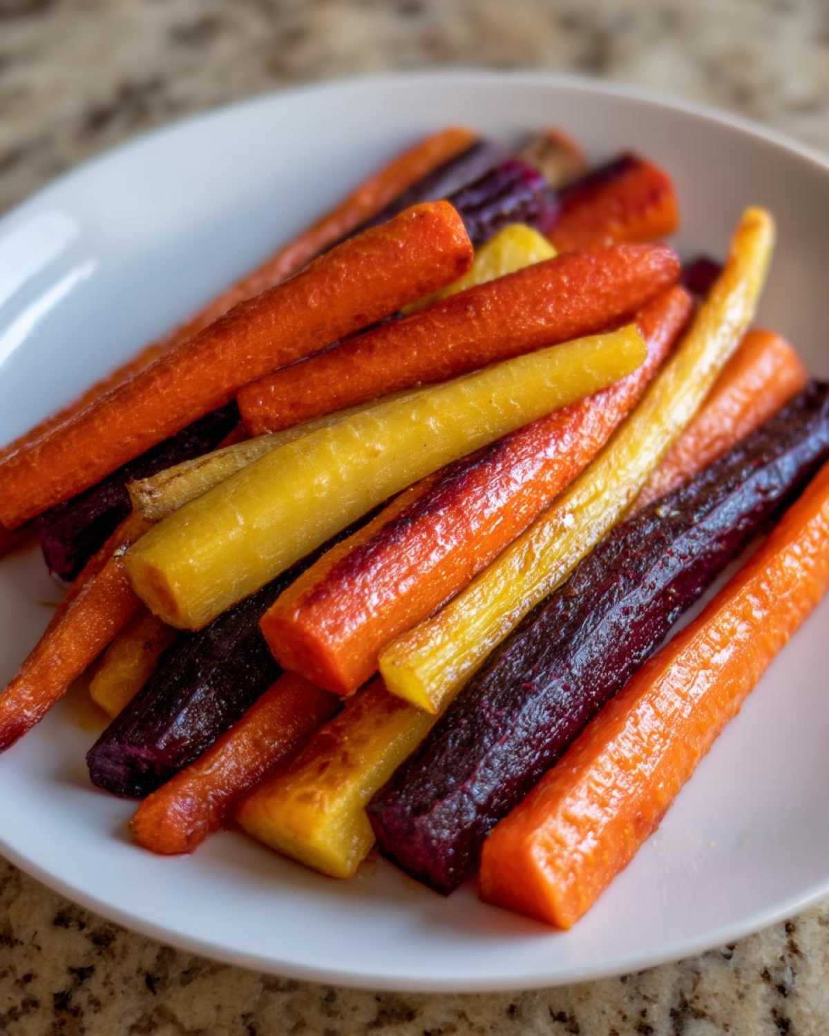 Close-up of glistening Sheet Pan Roasted Rainbow Carrots with Honey on a white plate.