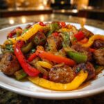 A close-up serving of Sheet Pan Sausage and Peppers, featuring browned sausage pieces mixed with colorful sautéed bell peppers and onions.