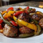 A close-up serving of Sheet Pan Sausage and Peppers featuring browned sausage chunks mixed with colorful roasted red, yellow, and green bell peppers.