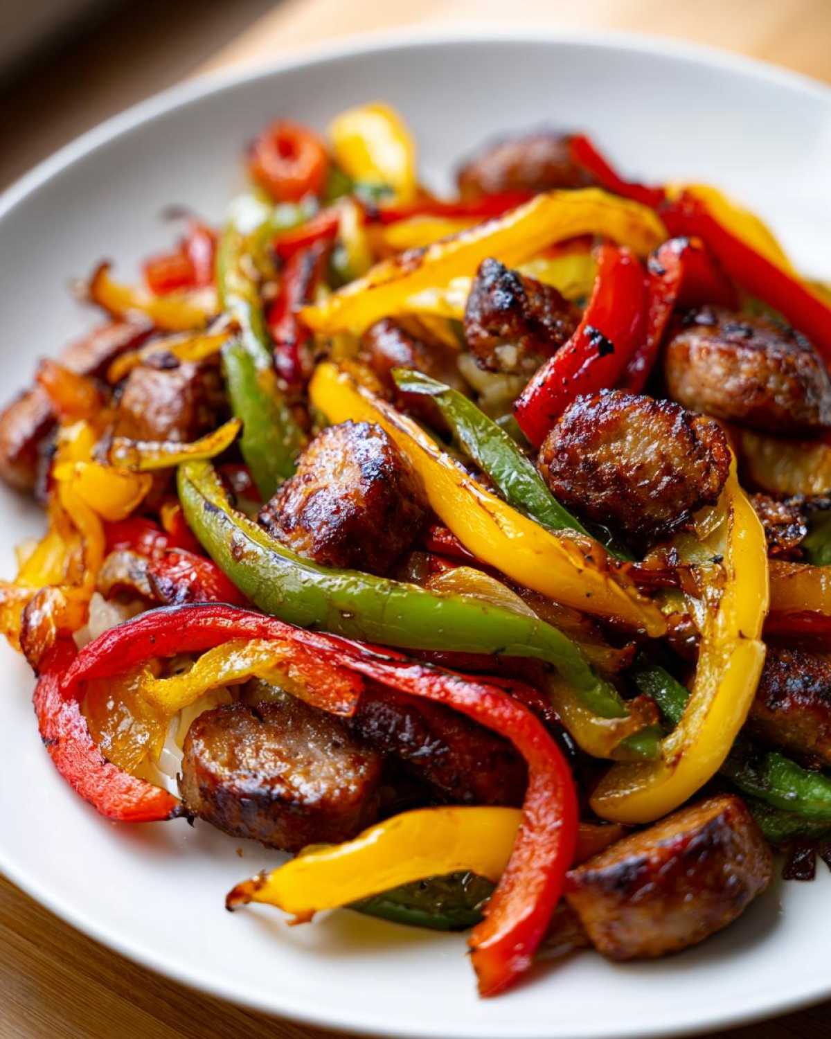 Close-up of browned sausage pieces mixed with vibrant red, yellow, and green bell peppers from the Sheet Pan Sausage and Peppers recipe.