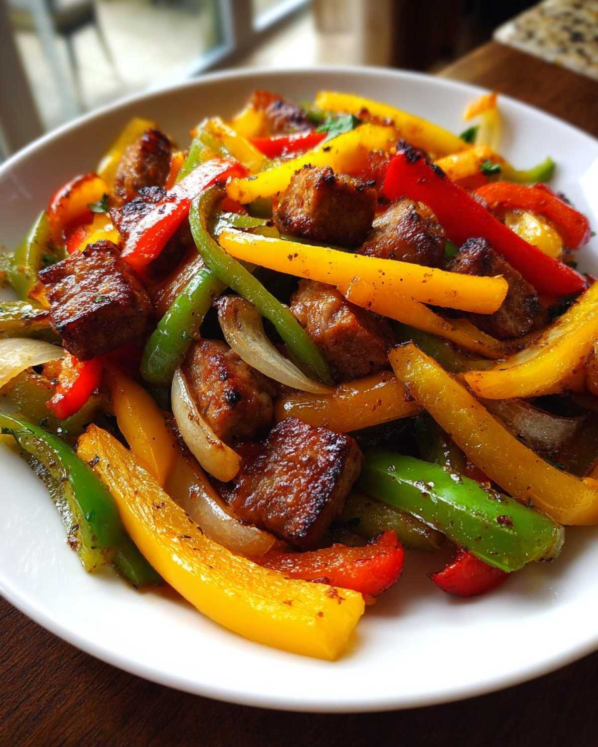 Close-up of browned sausage chunks mixed with colorful sliced peppers and onions from Sheet Pan Sausage and Peppers.