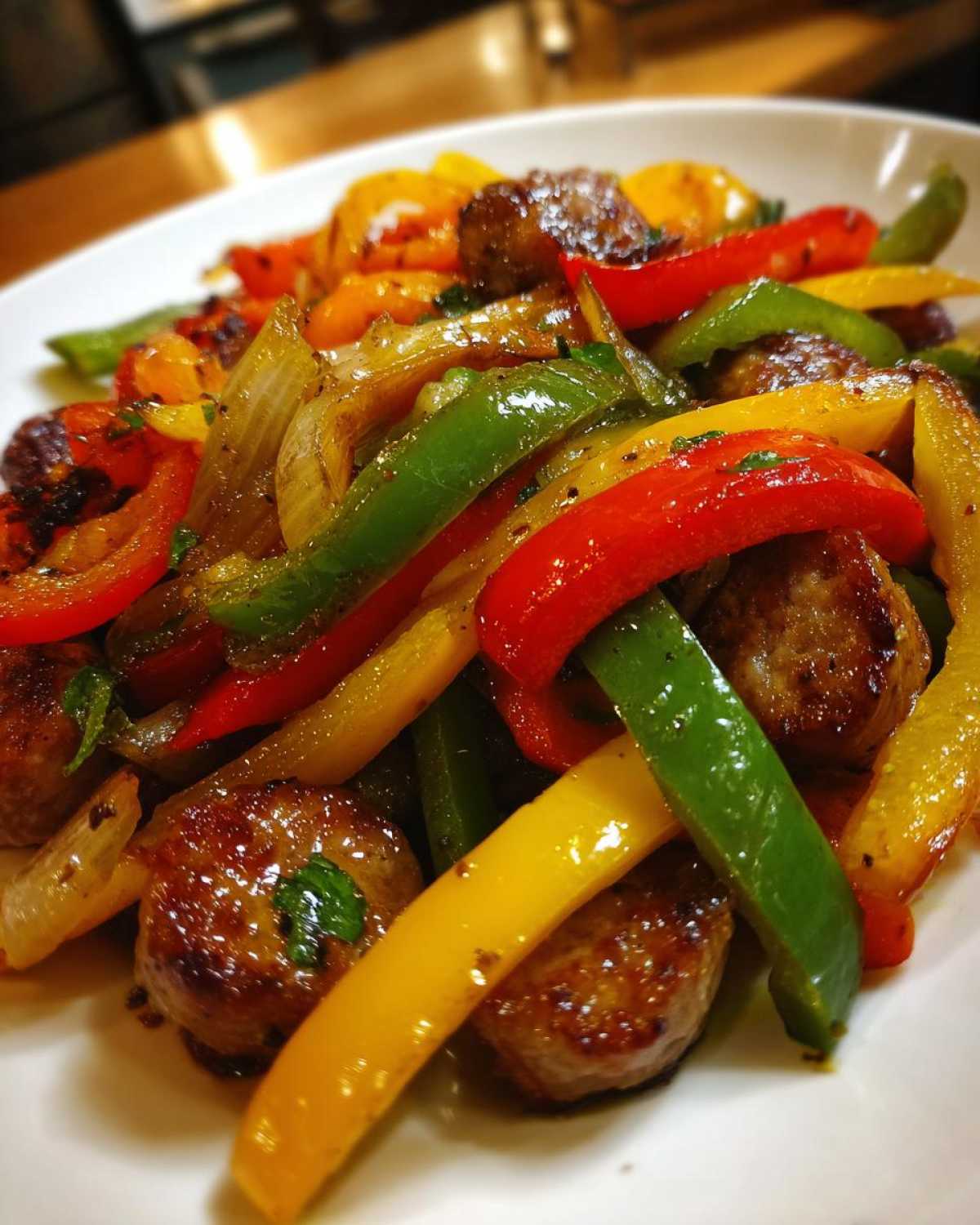 Close-up of browned sausage pieces mixed with vibrant red, green, and yellow bell peppers and onions from Sheet Pan Sausage and Peppers.