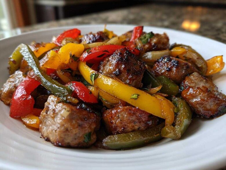 A close-up serving of Sheet Pan Sausage and Peppers featuring browned sausage chunks mixed with colorful roasted red, yellow, and green bell peppers.