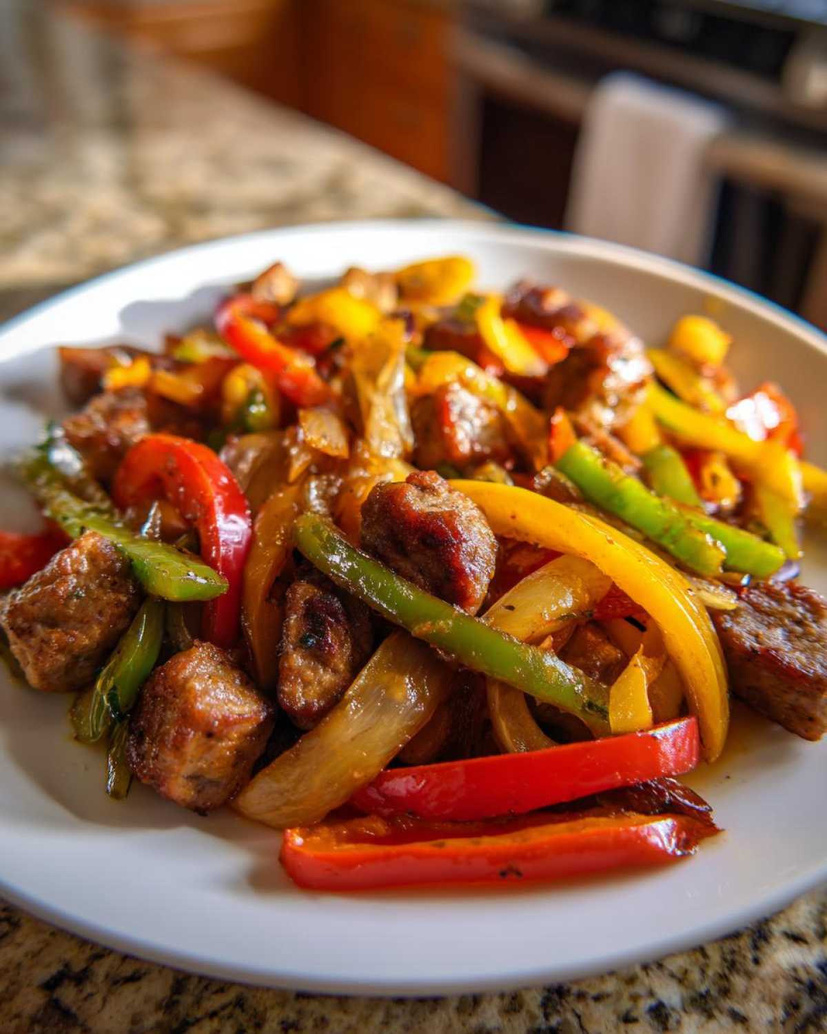 Close-up of cooked sausage pieces mixed with colorful bell peppers and onions from the Sheet Pan Sausage and Peppers recipe.