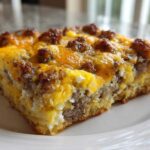 Close-up of a hearty slice of Tater Tot Breakfast Casserole topped with melted cheddar cheese and sausage crumbles.