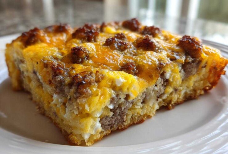 Close-up of a hearty slice of Tater Tot Breakfast Casserole topped with melted cheddar cheese and sausage crumbles.