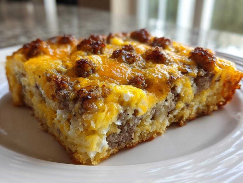 Close-up of a hearty slice of Tater Tot Breakfast Casserole topped with melted cheddar cheese and sausage crumbles.