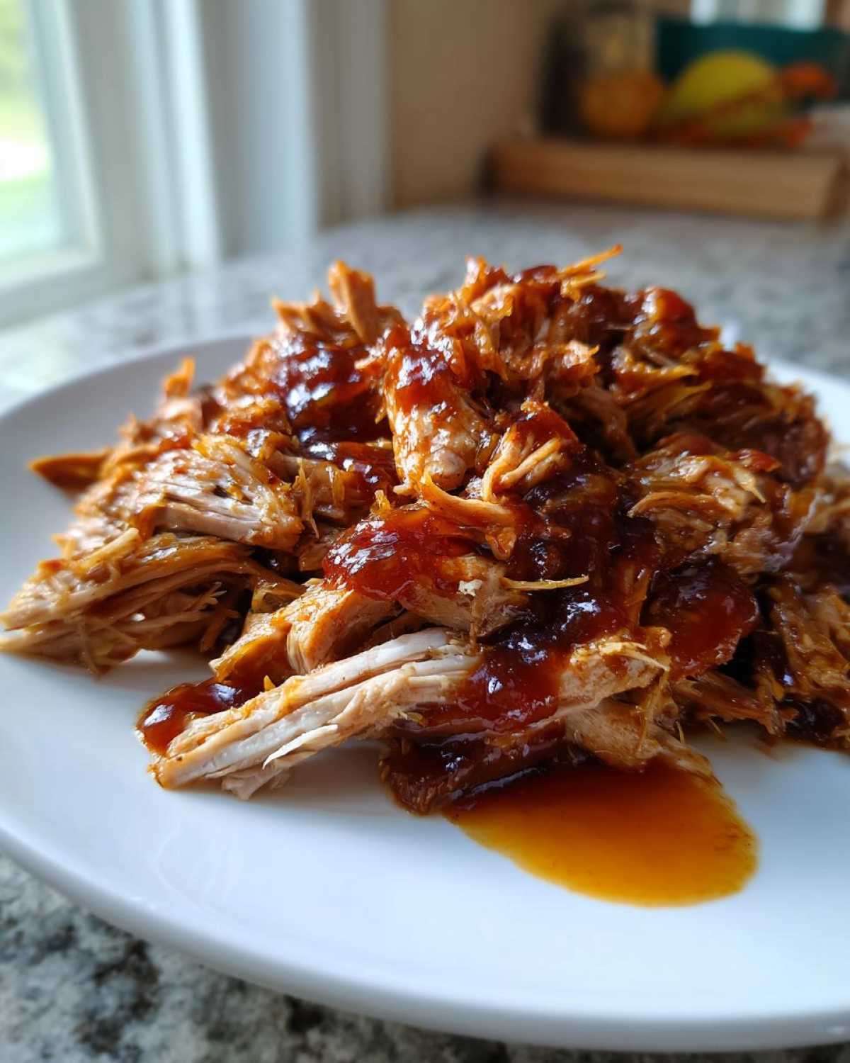 Close-up of shredded Slow Cooker Honey Garlic Pulled Pork drizzled with sticky sauce on a white plate.