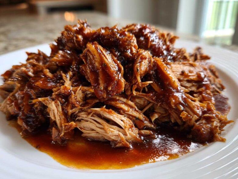 Close-up of tender, shredded Slow Cooker Honey Garlic Pulled Pork coated in a rich, glossy sauce on a white plate.