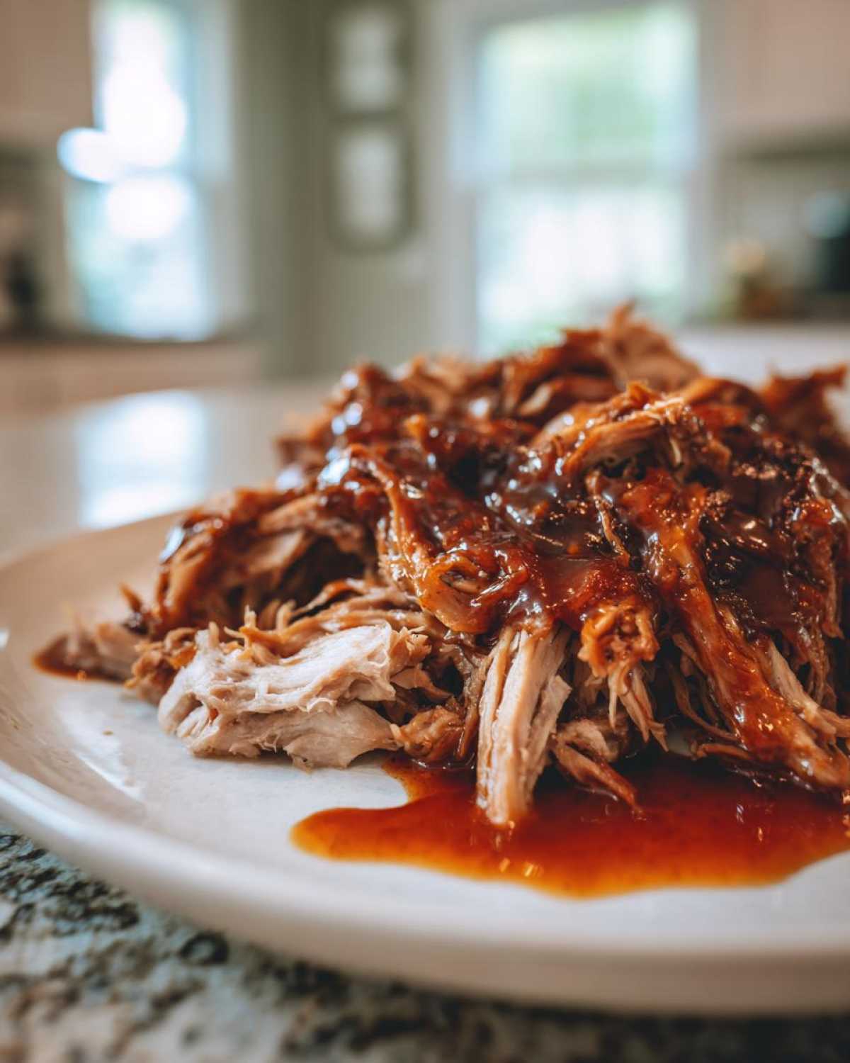 Close-up of tender, saucy Slow Cooker Honey Garlic Pulled Pork piled on a white plate.