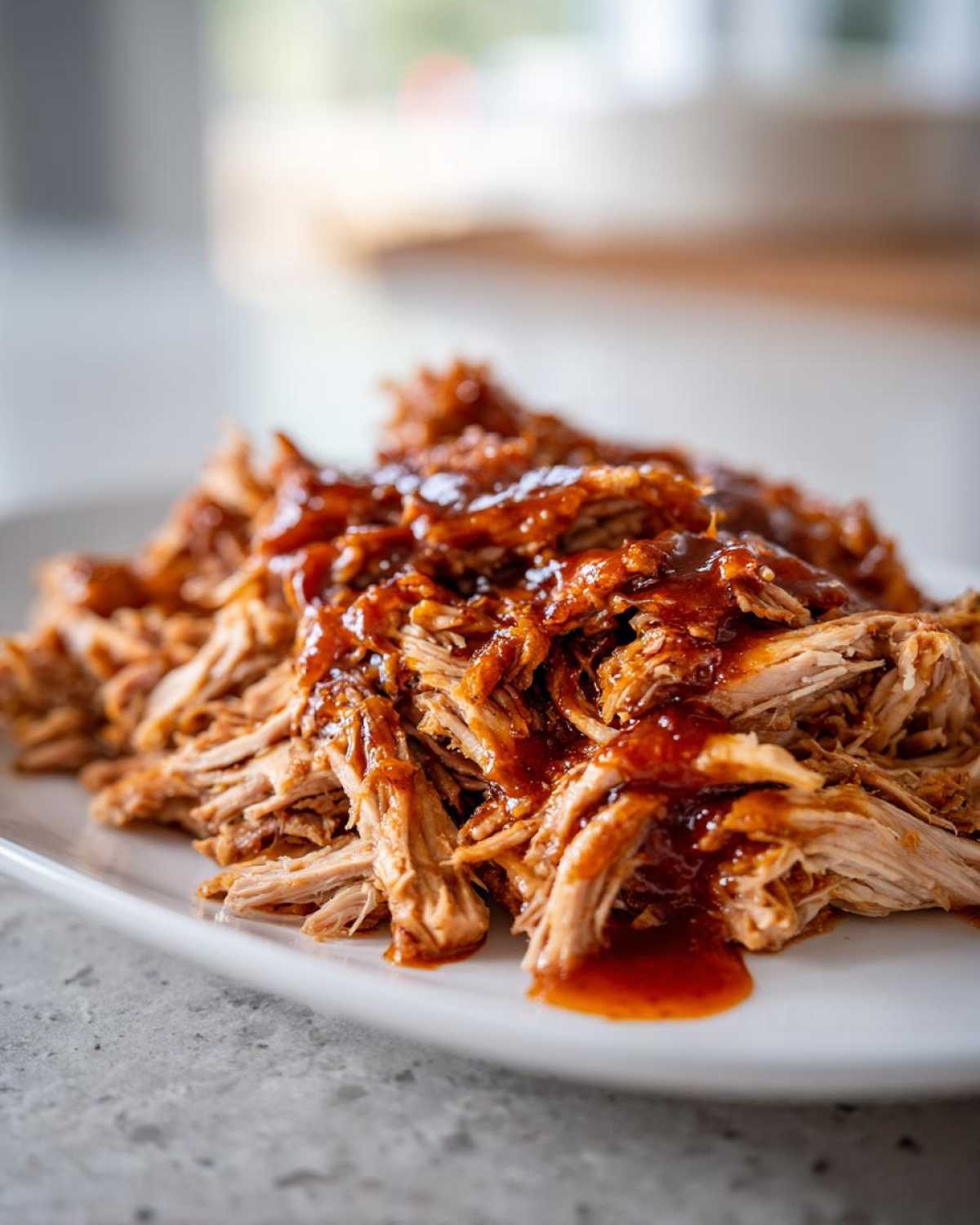 A close-up of shredded Slow Cooker Honey Garlic Pulled Pork drizzled with rich, glossy sauce on a white platter.