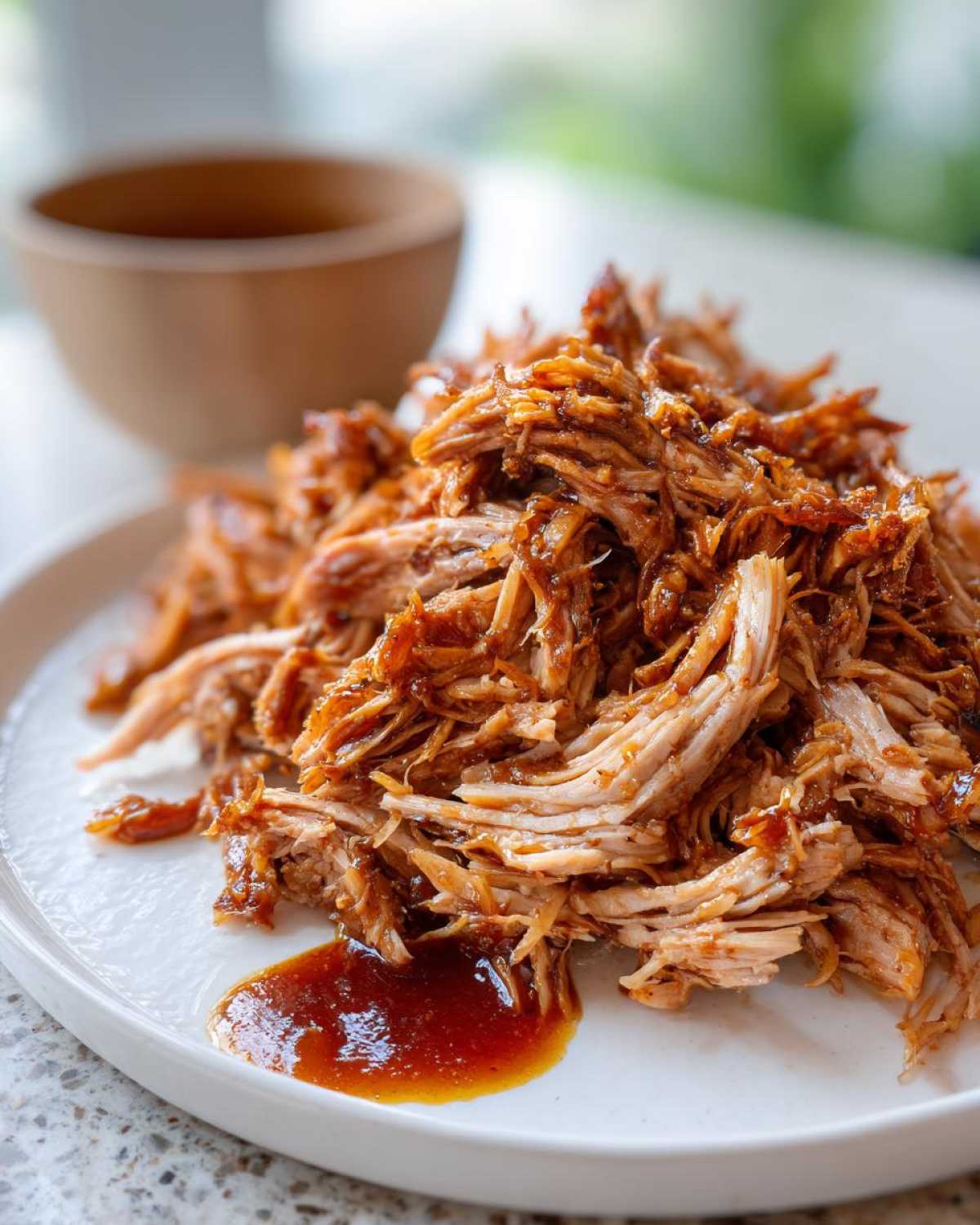 A close-up of tender, shredded Slow Cooker Honey Garlic Pulled Pork piled high on a white plate with a small pool of sauce.