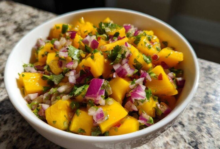 A close-up of a white bowl filled with bright yellow chunks of mango, red onion, and cilantro for Spicy Mango Salsa.