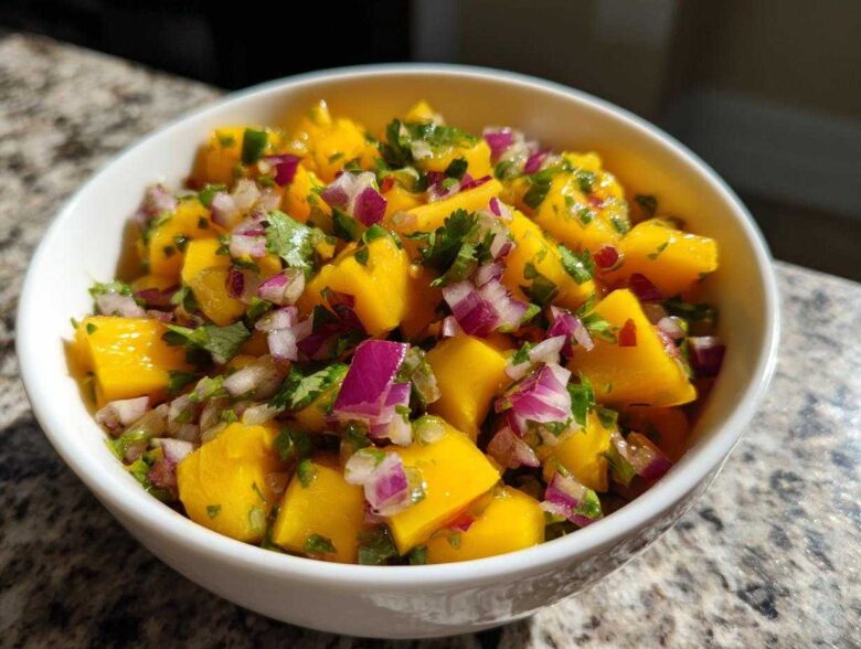 A close-up of a white bowl filled with bright yellow chunks of mango, red onion, and cilantro for Spicy Mango Salsa.