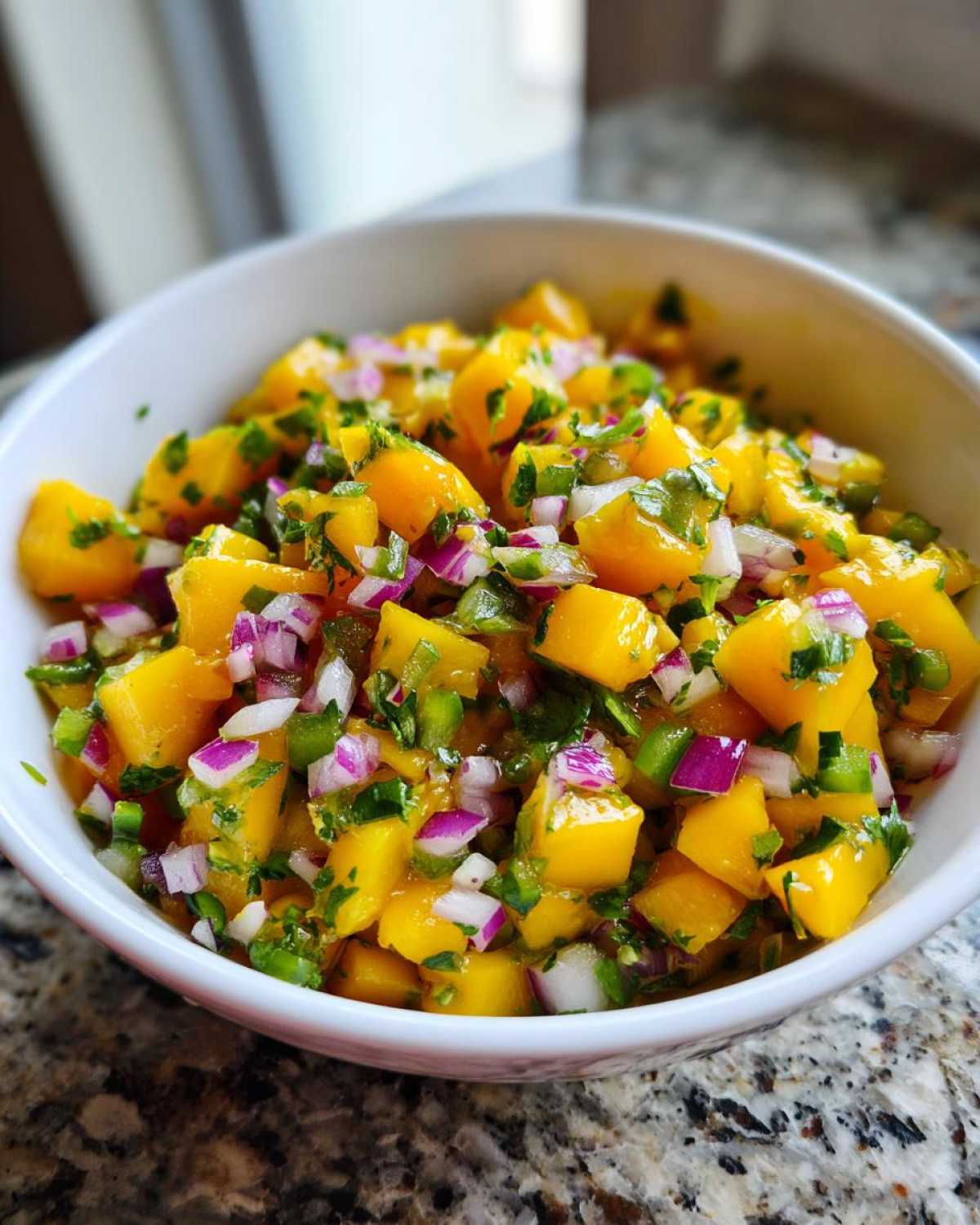Close-up of a white bowl filled with fresh Spicy Mango Salsa, featuring diced mango, red onion, and cilantro.