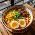 A bowl of Spicy Miso Ramen featuring noodles, spicy broth, ground meat, corn, and two halves of a soft-boiled egg.