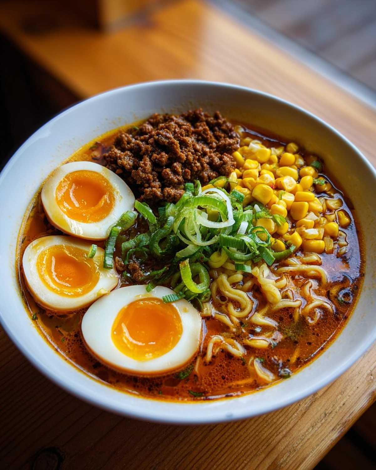 A close-up bowl of Spicy Miso Ramen featuring soft-boiled eggs, ground meat, corn, scallions.