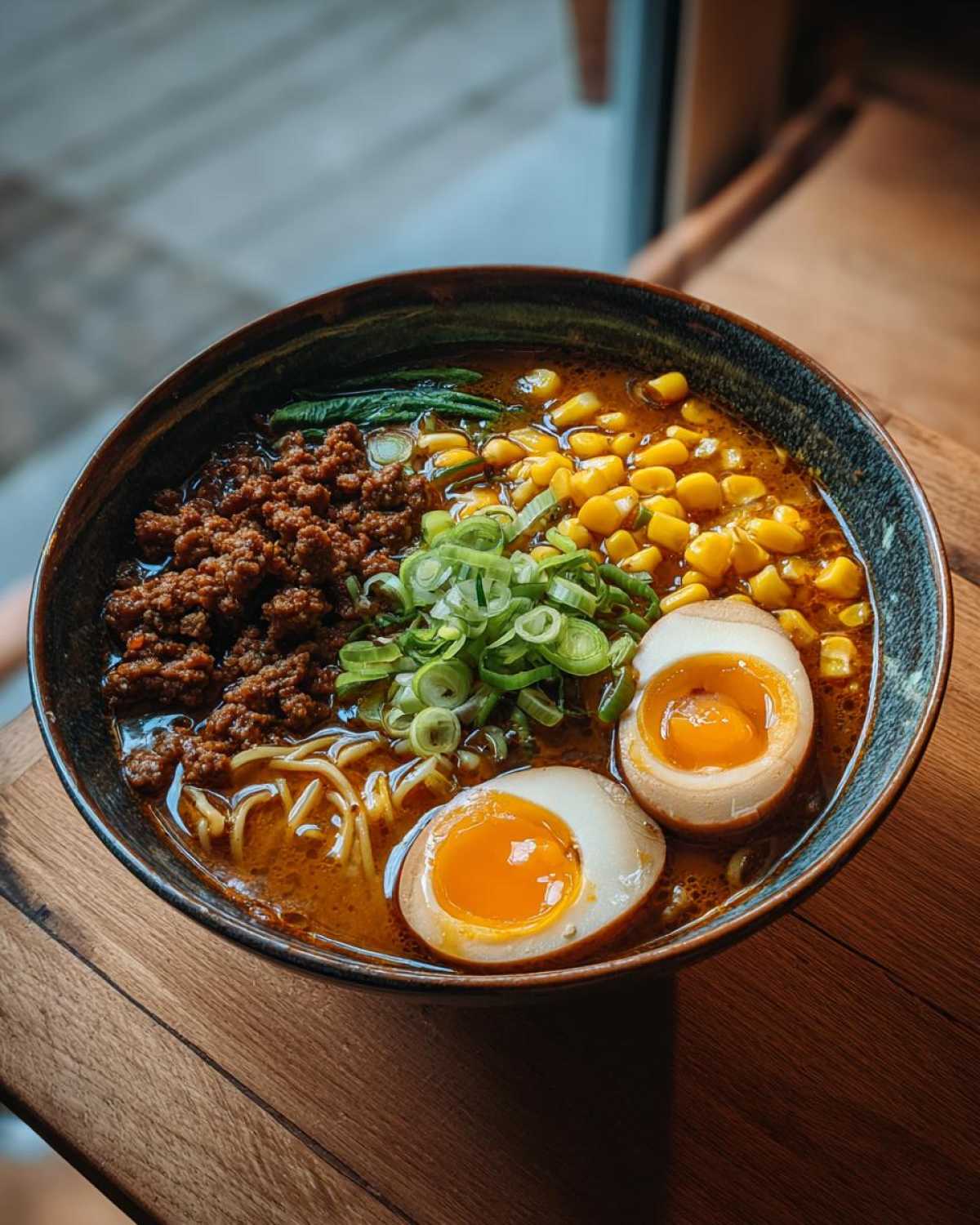 A bowl of Spicy Miso Ramen featuring rich broth, ground meat, corn, scallions, and two perfectly halved soft-boiled eggs.