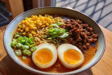 A bowl of Spicy Miso Ramen featuring soft-boiled eggs, ground meat, corn, and scallions in a rich broth.