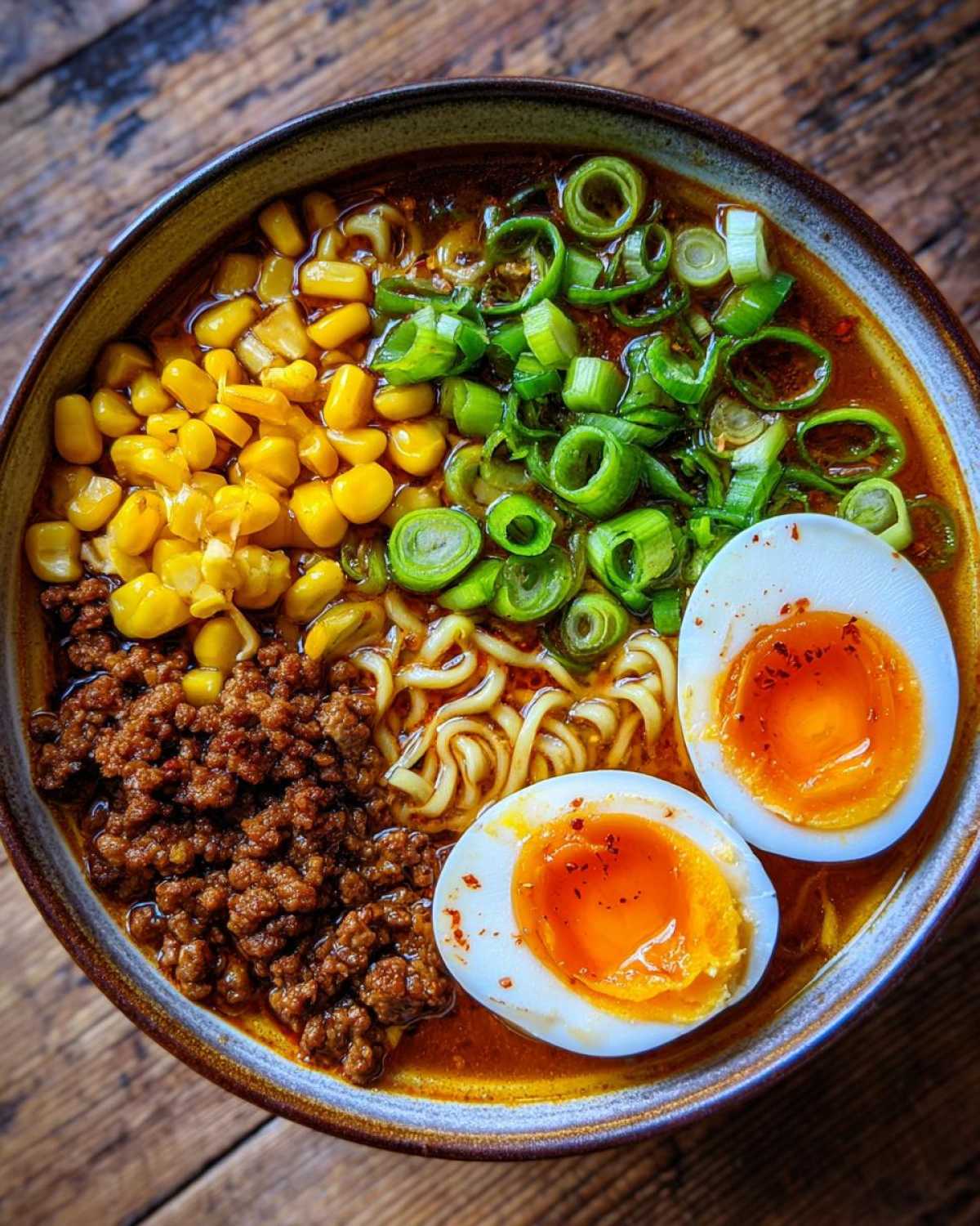 Overhead view of Spicy Miso Ramen featuring noodles, ground meat, corn, green onions, and two halves of a soft-boiled egg.