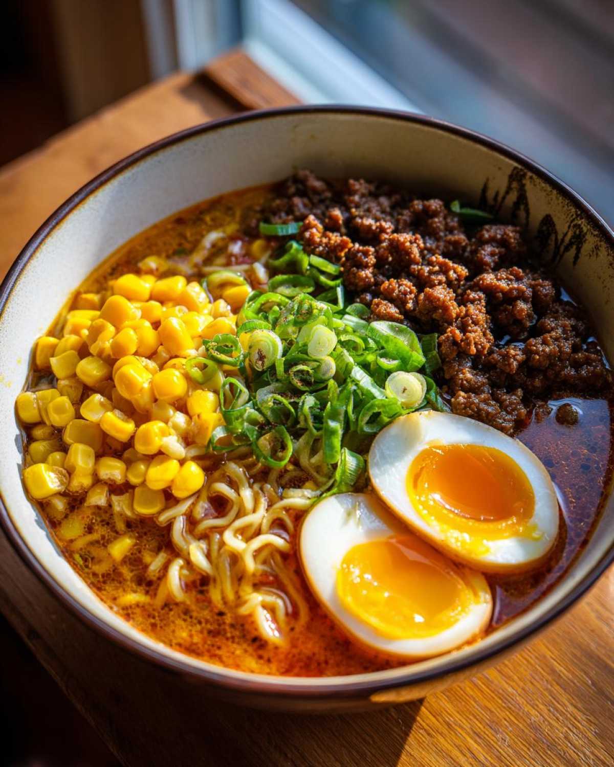 A close-up bowl of Spicy Miso Ramen featuring rich broth, noodles, ground meat, corn, and two halves of a soft-boiled egg.
