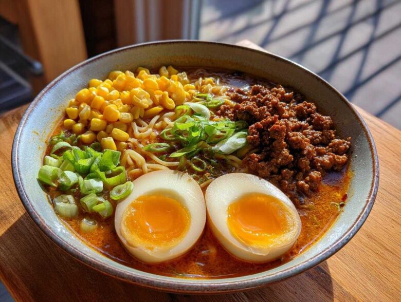 A bowl of Spicy Miso Ramen featuring soft-boiled eggs, ground meat, corn, and scallions in a rich broth.
