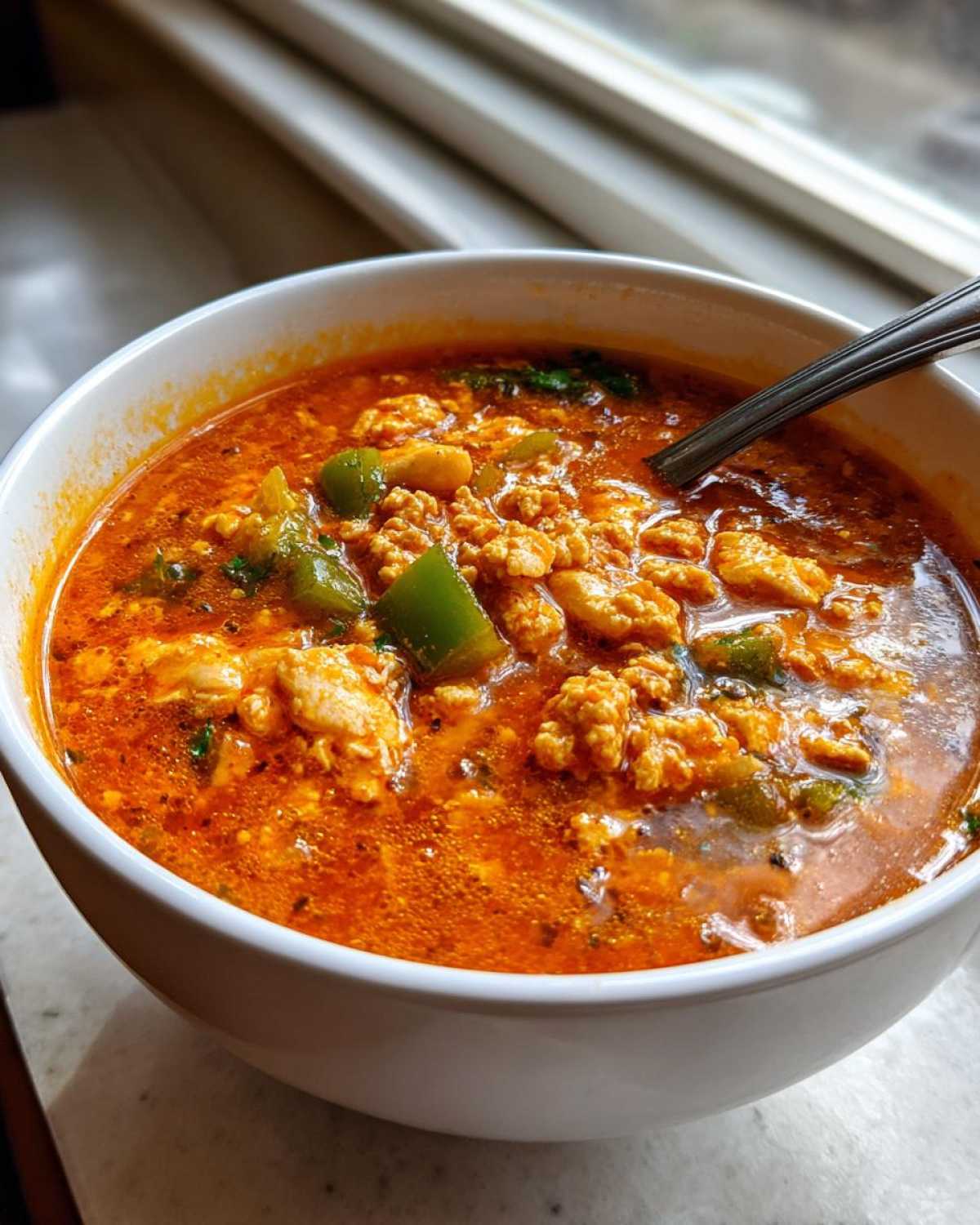 Close-up of a bowl of Spicy Turkey White Bean Chili, featuring ground turkey, green peppers, and a rich red broth.