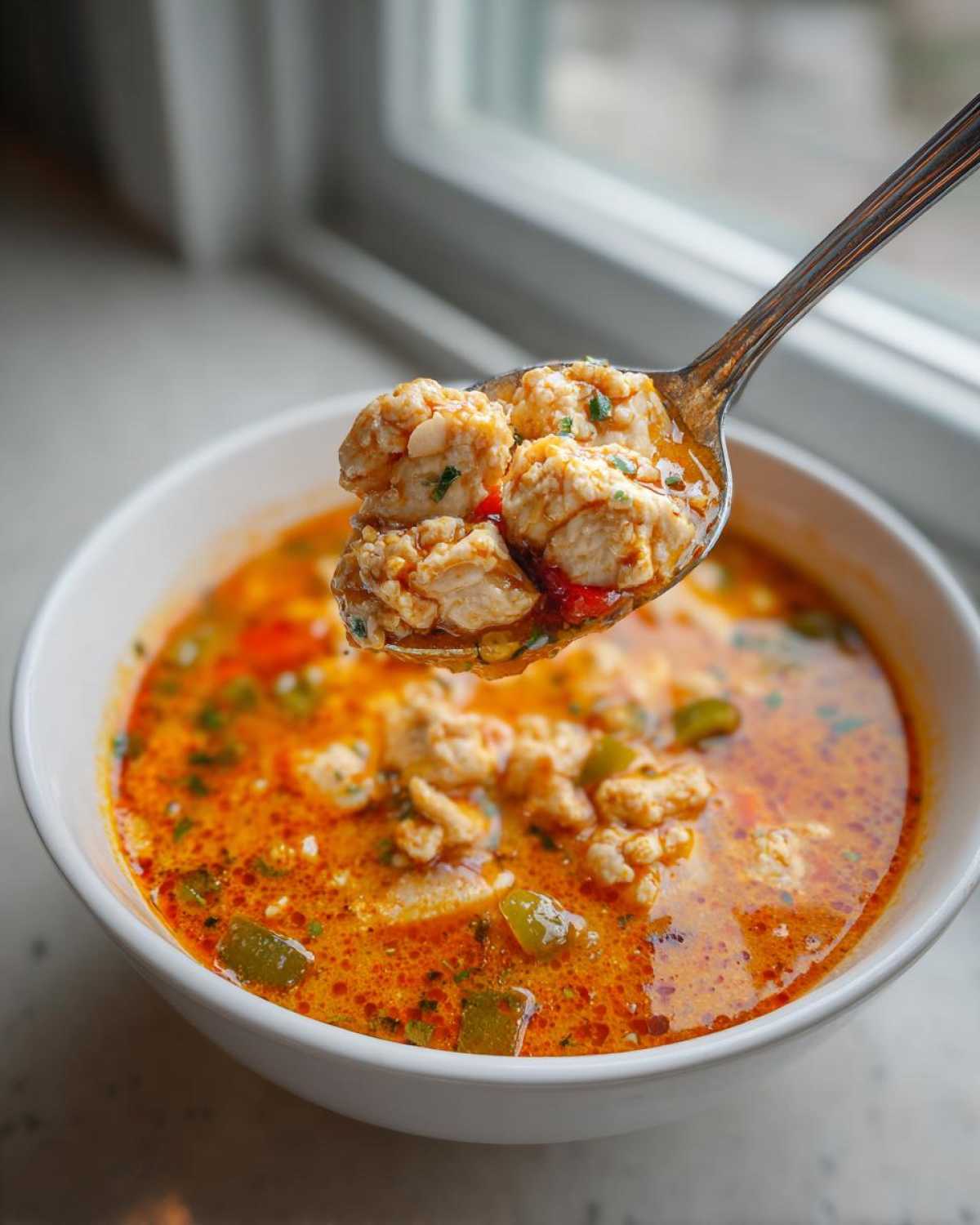 A spoonful of chunky Spicy Turkey White Bean Chili being lifted from a white bowl, showing turkey pieces and broth.