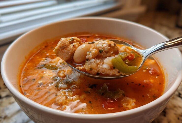 A spoonful of Spicy Turkey White Bean Chili featuring turkey, white beans, and peppers being lifted from a white bowl.