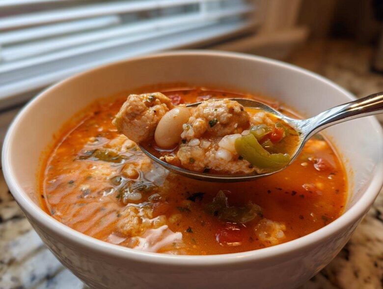 A spoonful of Spicy Turkey White Bean Chili featuring turkey, white beans, and peppers being lifted from a white bowl.
