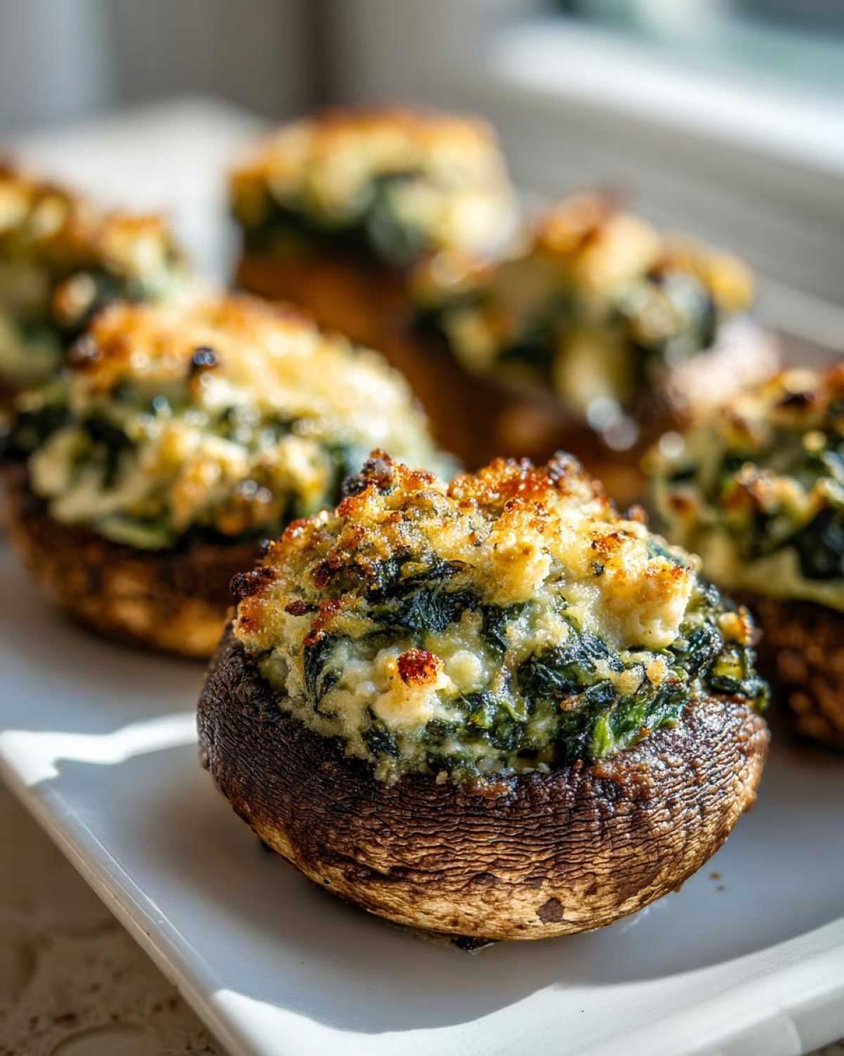 Close-up of a baked Spinach and Feta Stuffed Mushroom with a golden, cheesy crust.