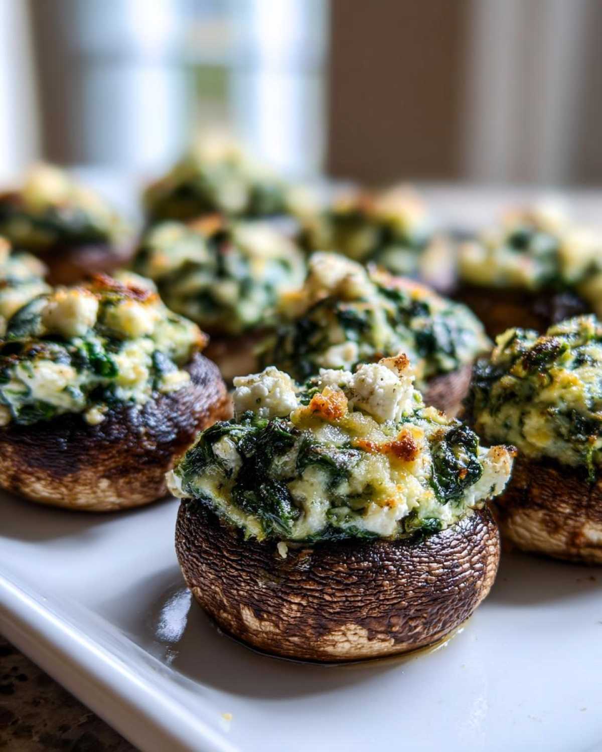 Close-up of baked Spinach and Feta Stuffed Mushrooms on a white platter, featuring browned caps and cheesy topping.