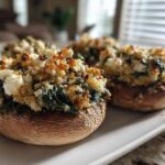 Close-up of baked Spinach and Feta Stuffed Mushrooms topped with golden breadcrumbs and white feta cheese.