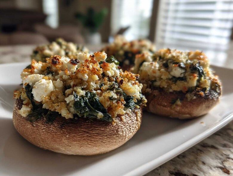 Close-up of baked Spinach and Feta Stuffed Mushrooms topped with golden breadcrumbs and white feta cheese.
