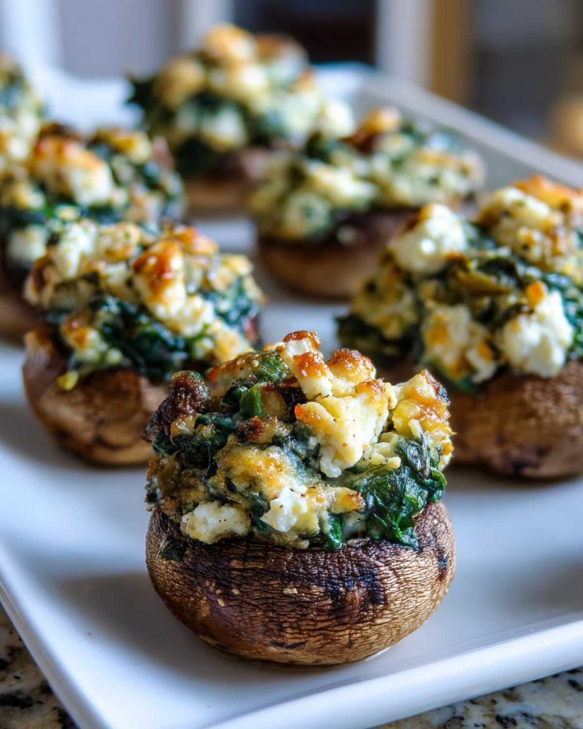 Close-up of baked Spinach and Feta Stuffed Mushrooms piled high with filling on a white serving platter.