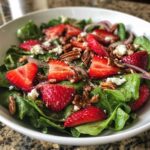 Close-up of a vibrant Spring Mix Salad with Strawberries and Goat Cheese, topped with pecans and red onion.
