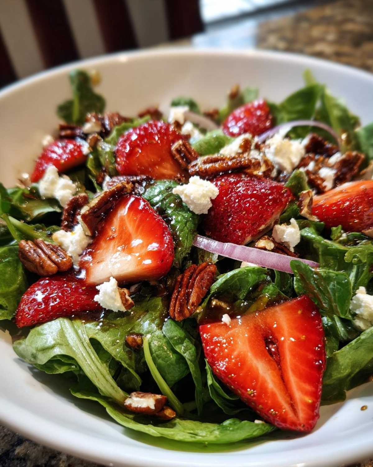 Close-up of a vibrant Spring Mix Salad with Strawberries and Goat Cheese, topped with pecans and balsamic glaze.