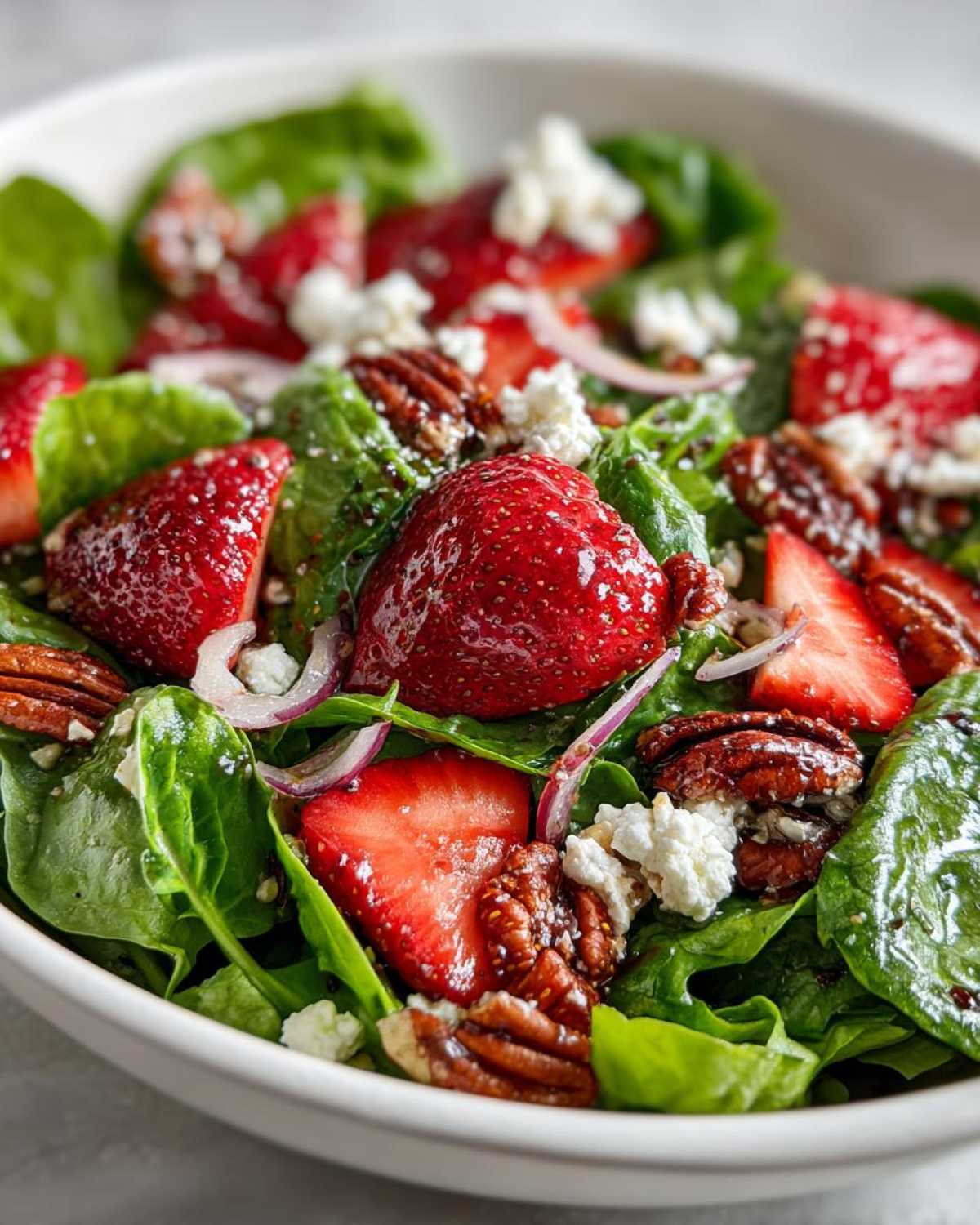 Close-up of a vibrant Spring Mix Salad with Strawberries and Goat Cheese, featuring pecans and red onion slices.