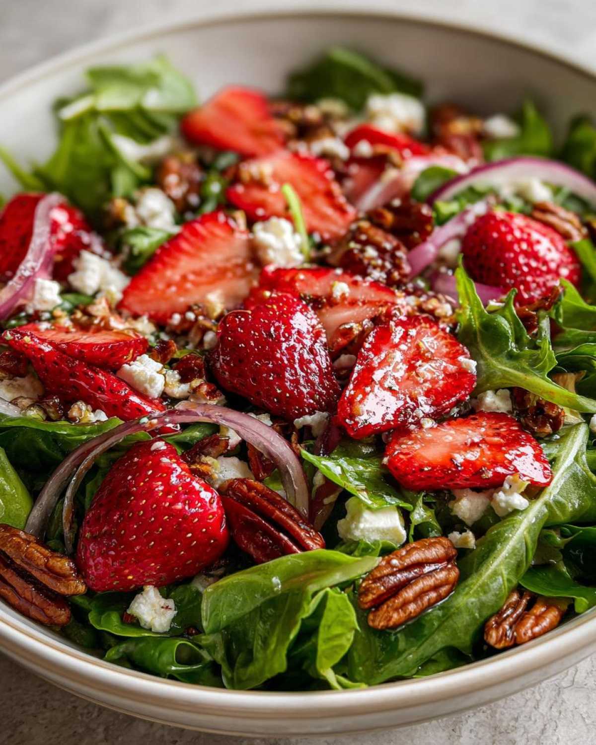 Vibrant close-up of a Spring Mix Salad with Strawberries and Goat Cheese, featuring pecans and red onion slices.