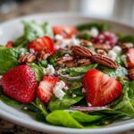 Close-up of a vibrant Spring Mix Salad with Strawberries and Goat Cheese, topped with pecans.