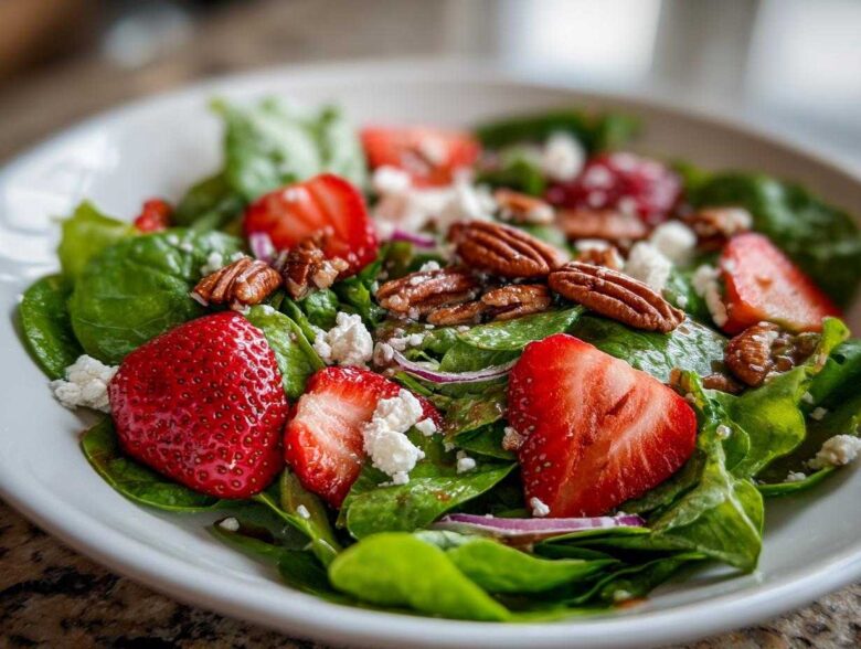 Close-up of a vibrant Spring Mix Salad with Strawberries and Goat Cheese, topped with pecans.