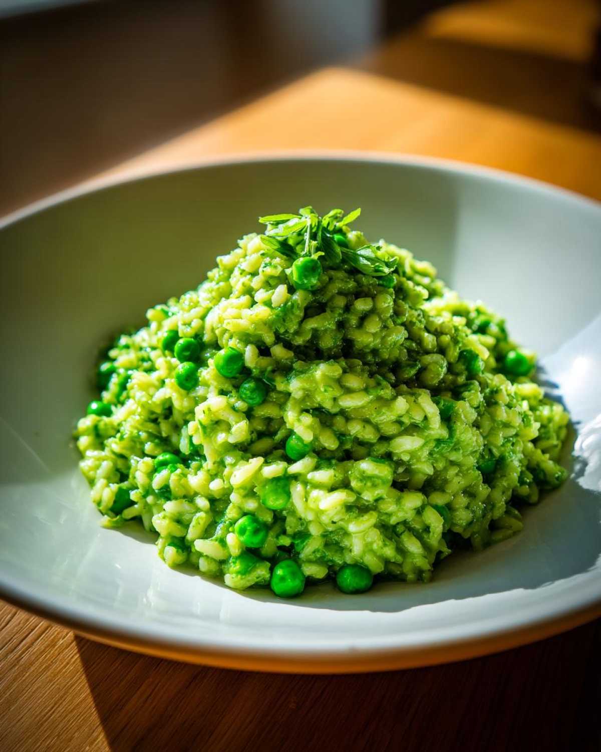 A close-up of creamy, bright green Spring Pea and Mint Risotto mounded in a white bowl.