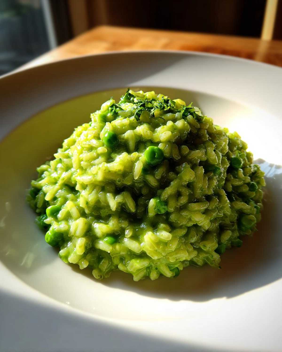 A close-up of creamy Spring Pea and Mint Risotto, vibrant green and topped with fresh herbs.