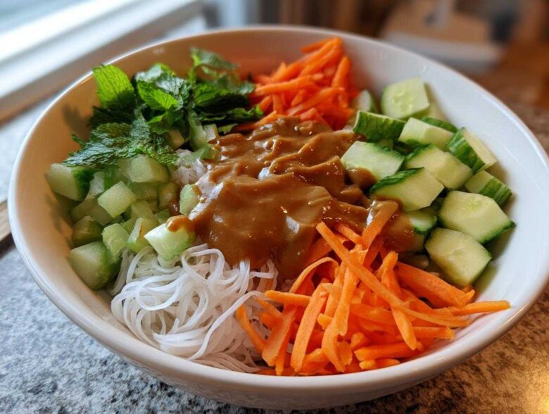 A close-up of a Spring Roll Bowl with Peanut Sauce, featuring rice noodles, shredded carrots, diced cucumber, and fresh mint.
